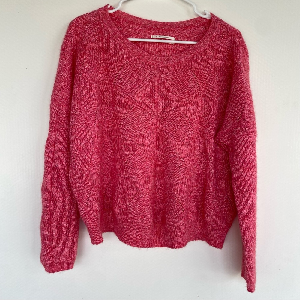 By Anthropologie Barbie Pink Cotton Wool Cable Knit Cropped Sweater XL